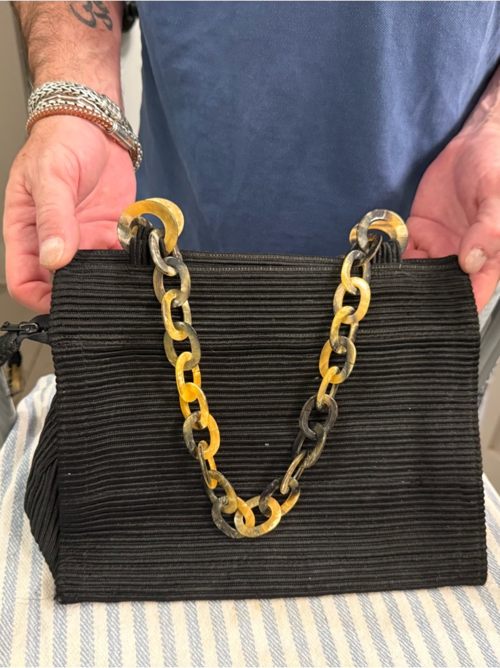 Black Ribbed Shoulder Bag with Gold-Tone Chain